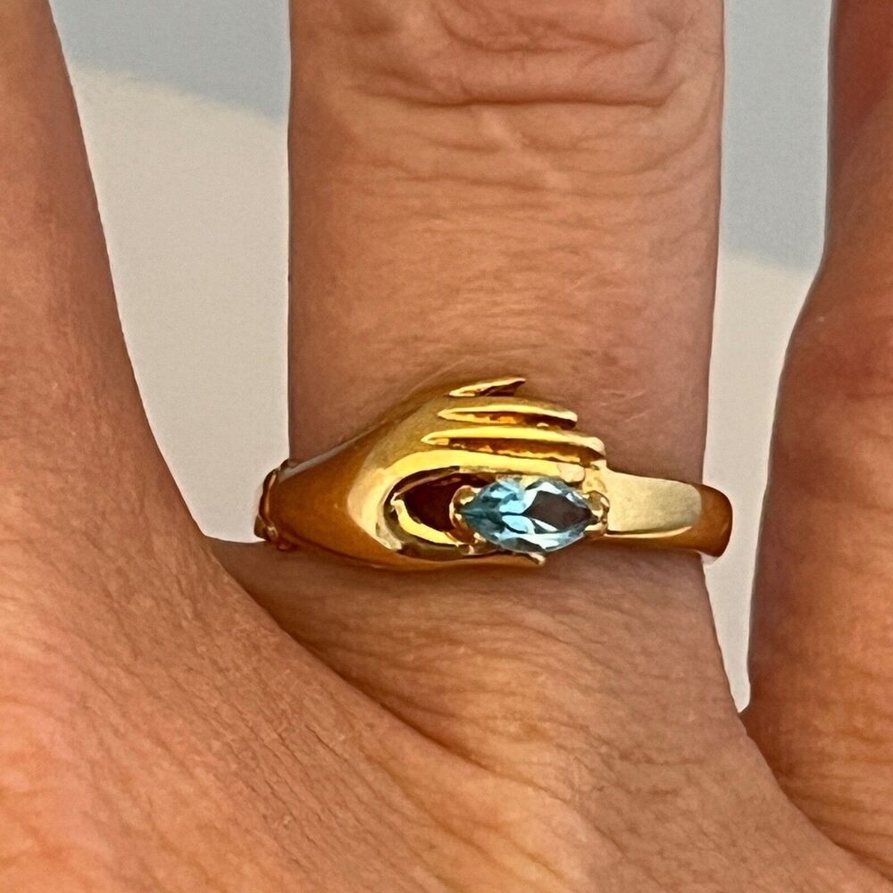 Vintage 1970s Ring Size 6 Victorian Revival Hand Blue Crystal Gold Plated - 14Y
